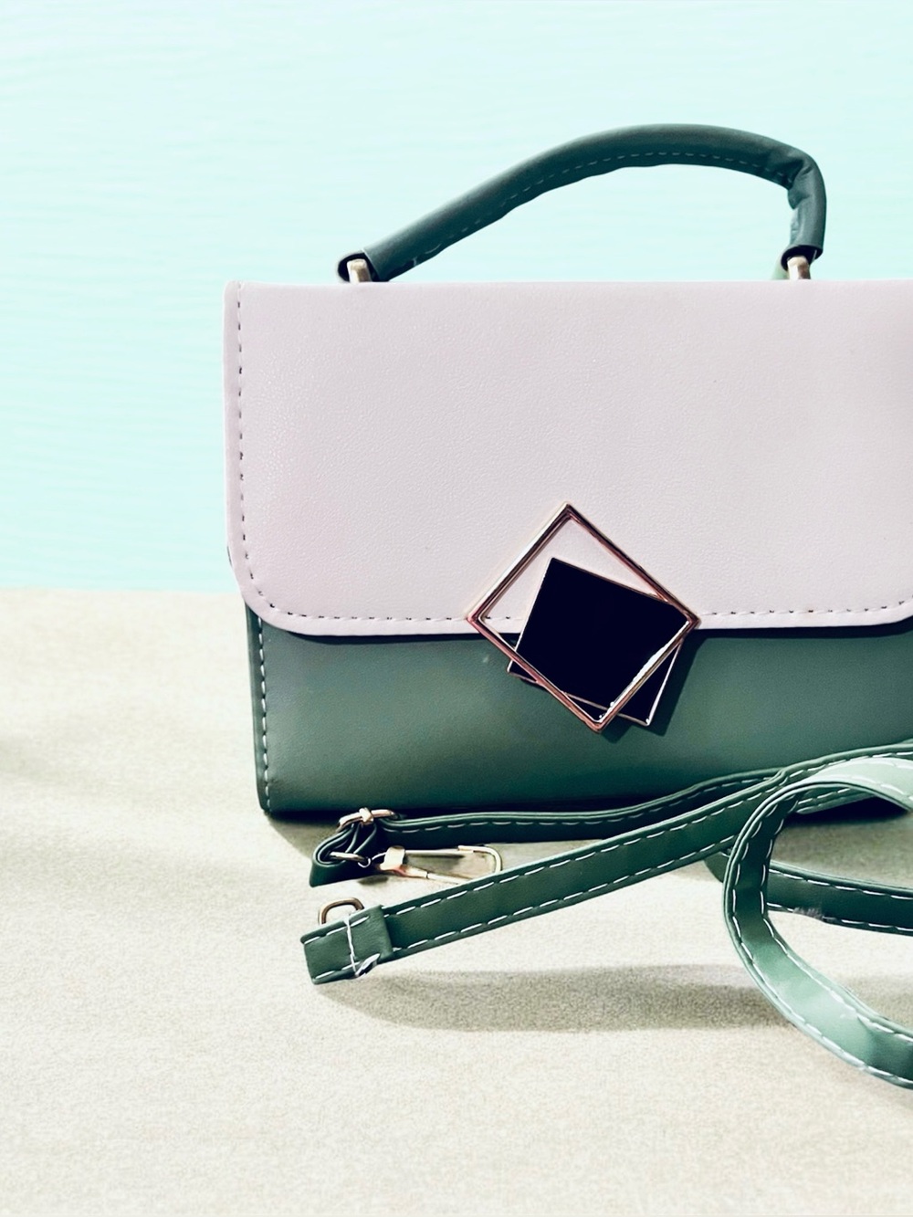 Two-Tone White and Sage Green Top-Handle Satchel with Geometric Accent